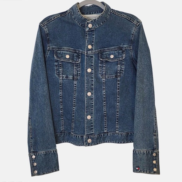 Vintage Y2K Tommy Hilfiger Cropped Denim Trucker Jean Jacket Womens XL Stretch - Picture 1 of 7